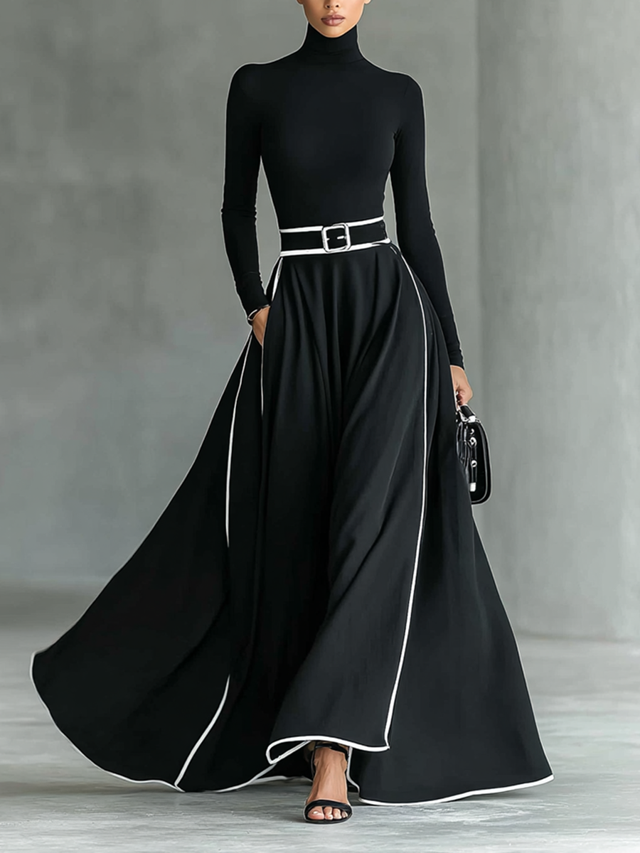 Pilar – Vestido Largo con Costuras Blancas y Cuello Alto