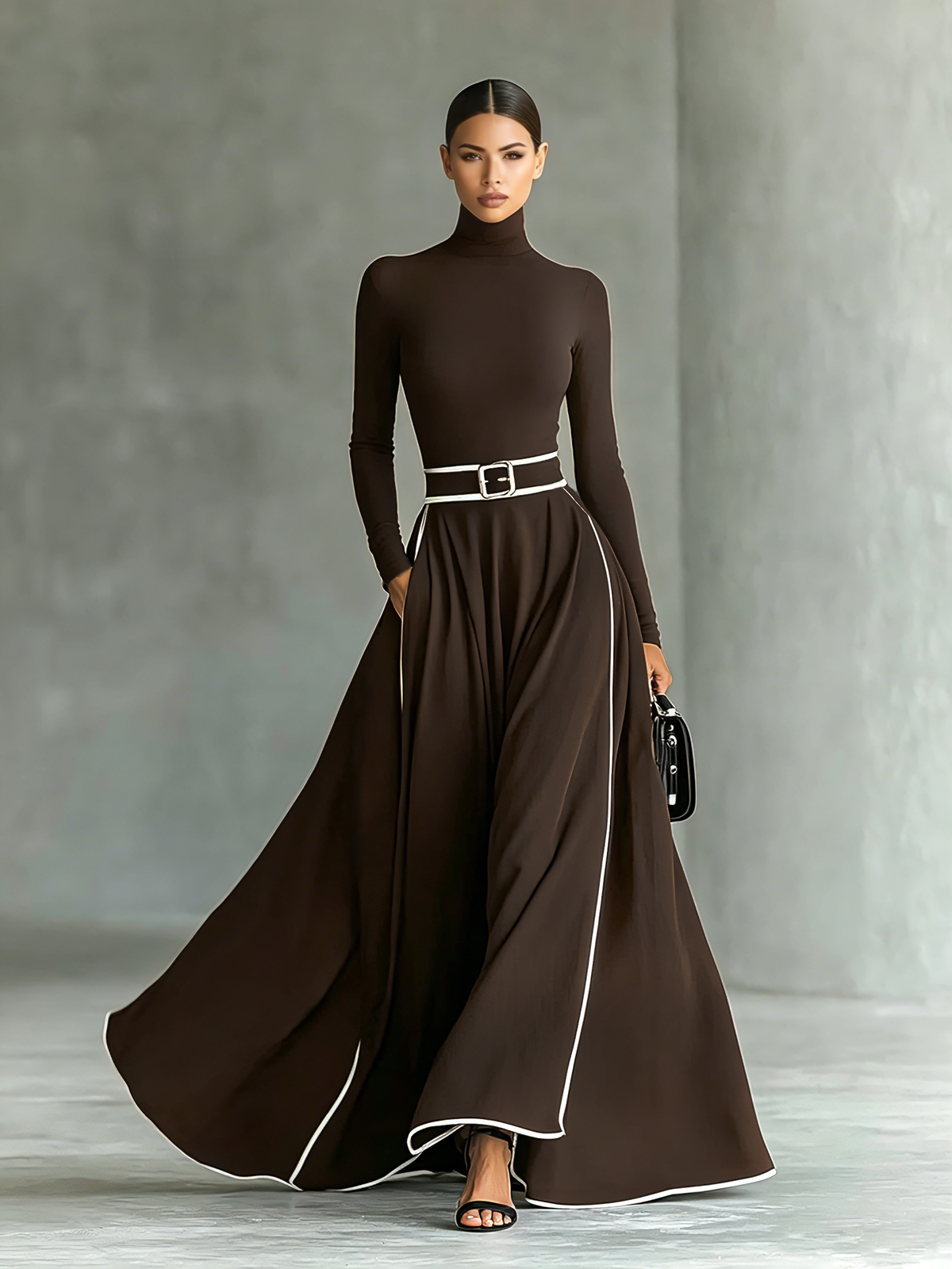 Pilar – Vestido Largo con Costuras Blancas y Cuello Alto