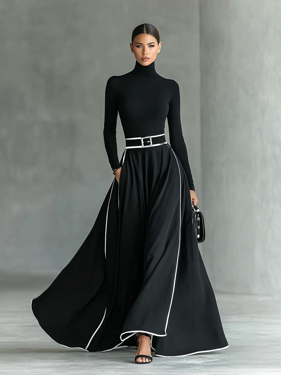 Pilar – Vestido Largo con Costuras Blancas y Cuello Alto