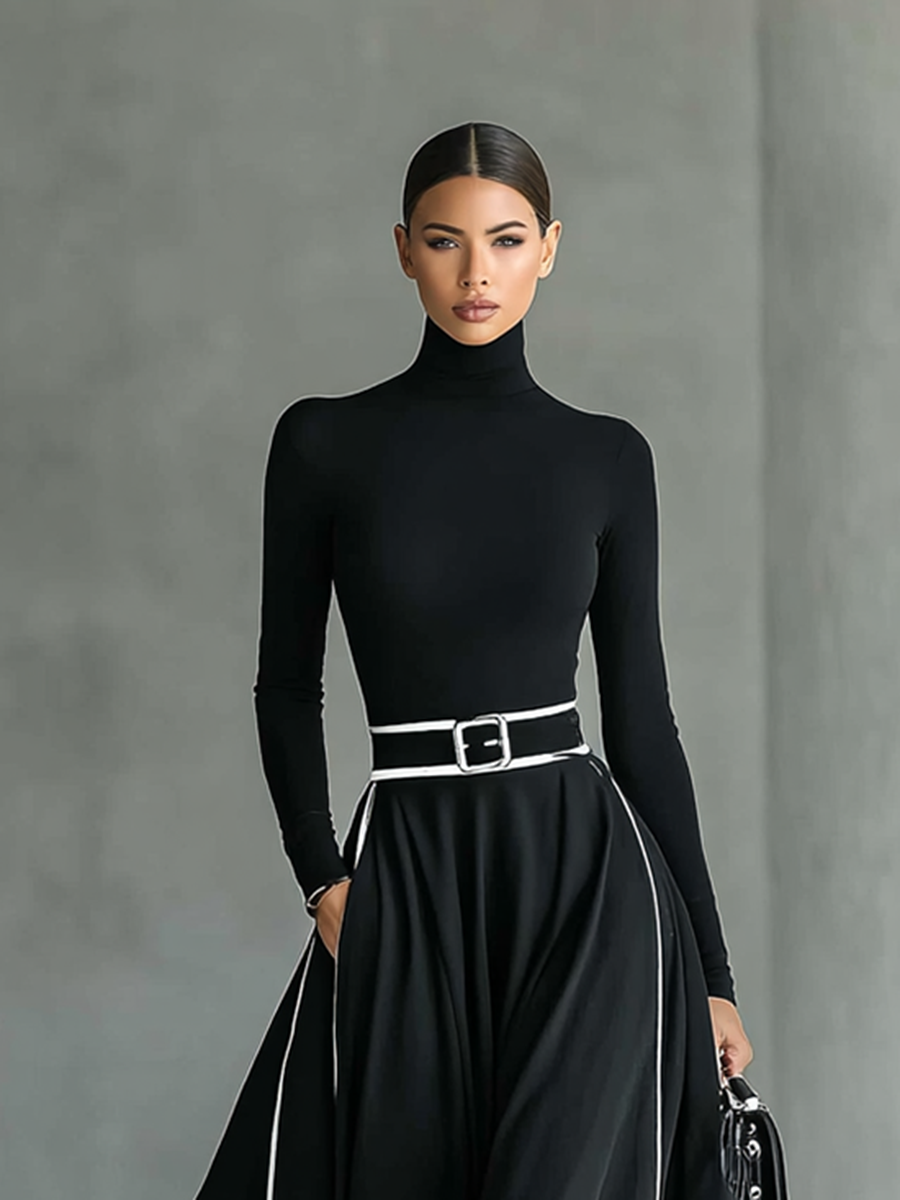Pilar – Vestido Largo con Costuras Blancas y Cuello Alto