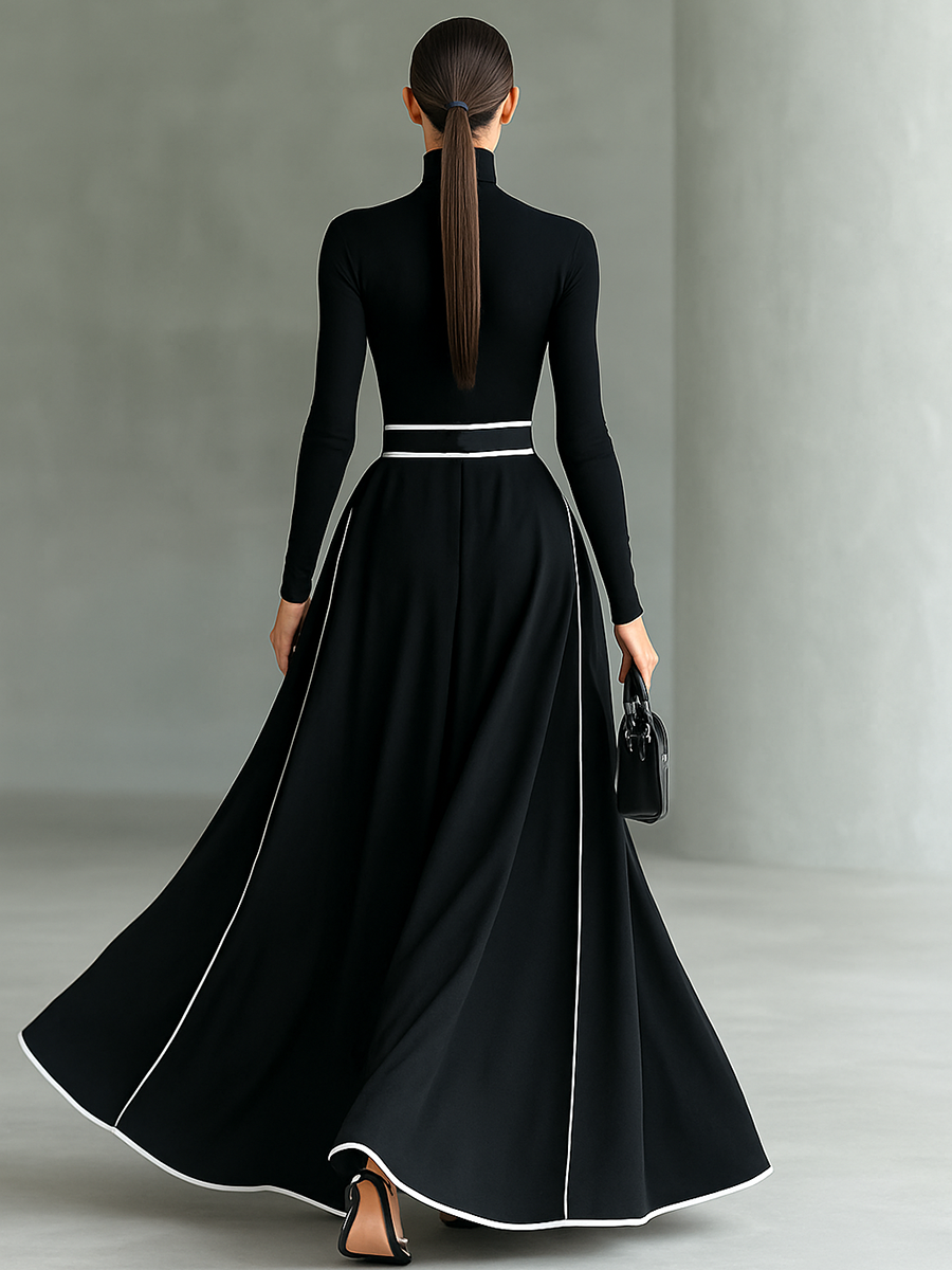 Pilar – Vestido Largo con Costuras Blancas y Cuello Alto