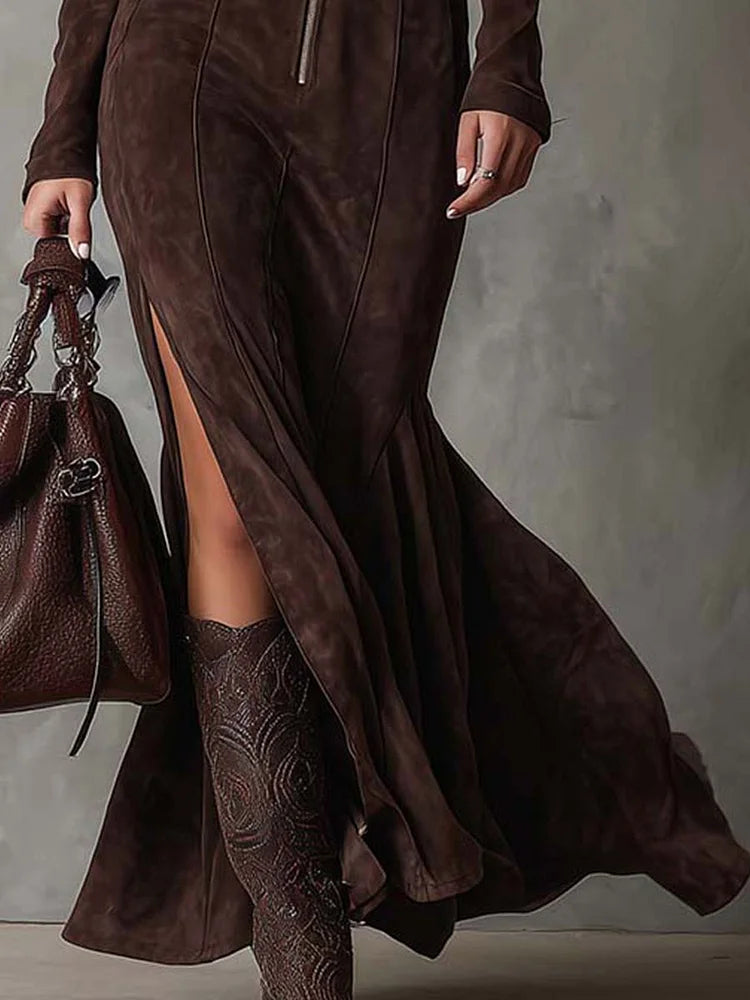 Charo – Vestido Largo Marrón con Cinturón