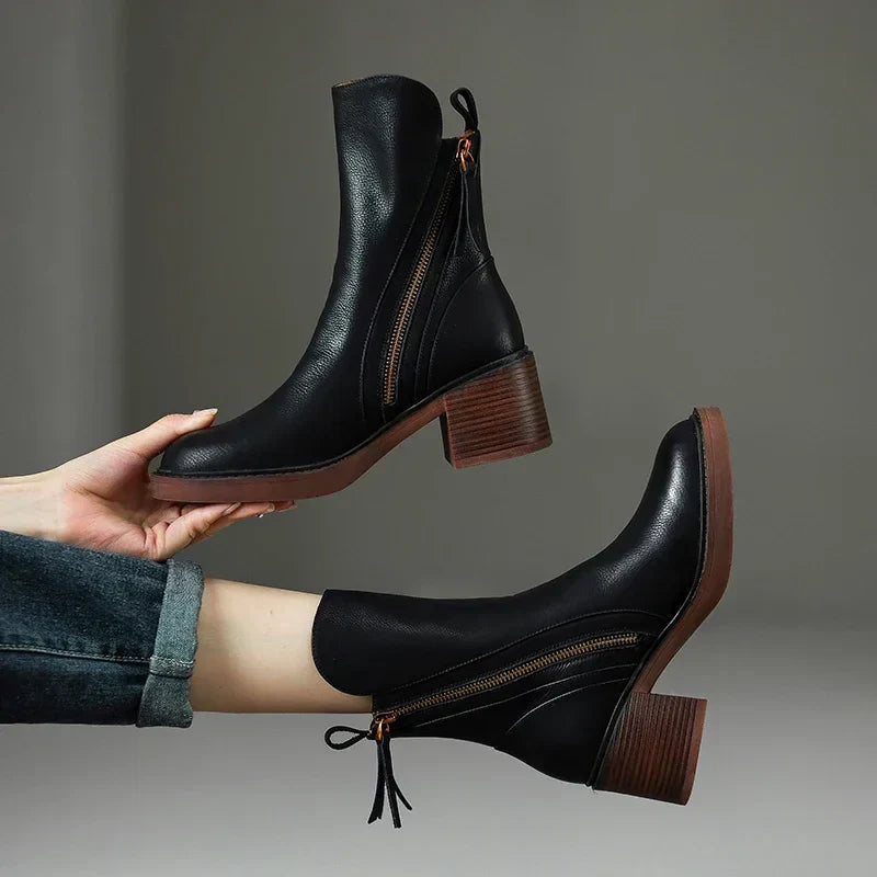 Botines con cremallera y tacón ancho para mujer