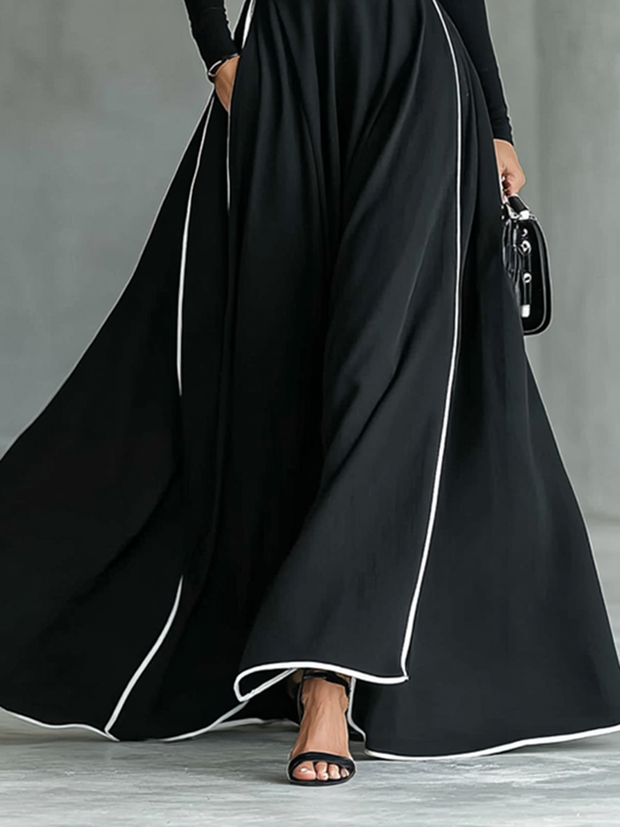 Pilar – Vestido Largo con Costuras Blancas y Cuello Alto