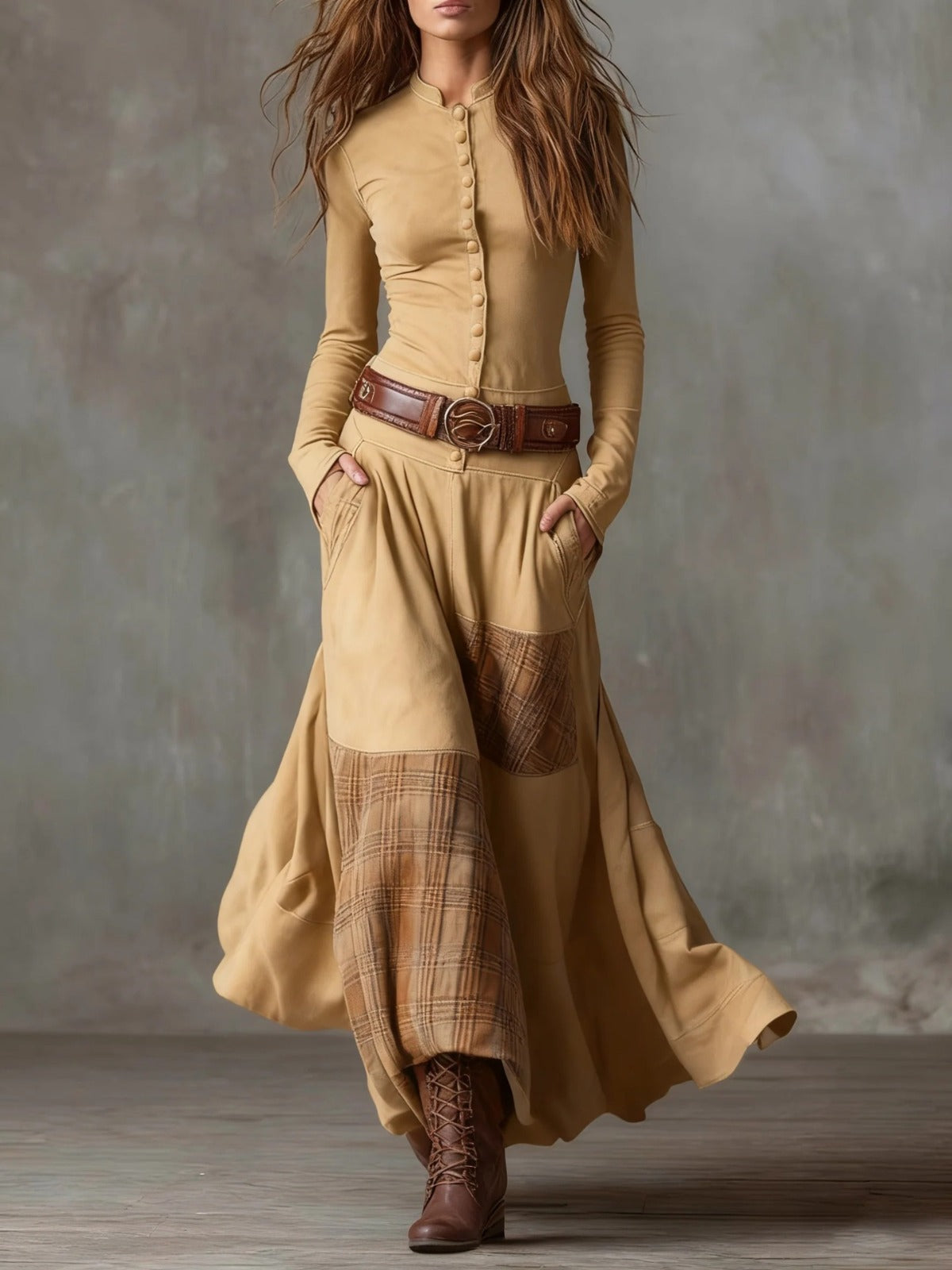 Encarni – Vestido Largo de Ante con Cinturón